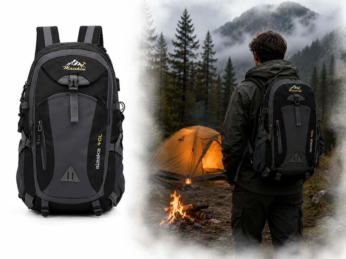 40L Wanderrucksack Trekkingrucksack Reiserucksack Schwarz Outdoor Camping Hüftgu
