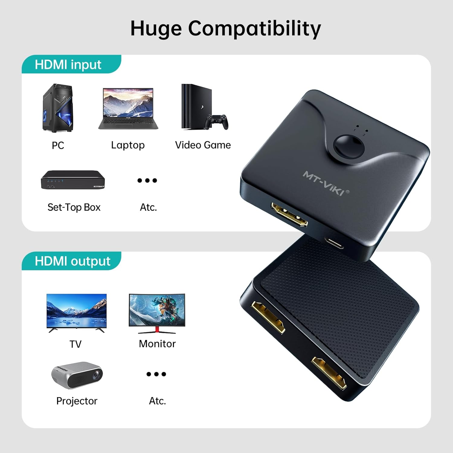 HDMI Switch HDMI Splitter, Aluminum Bidirectional HDMI Switch 2 in 1 Out 
