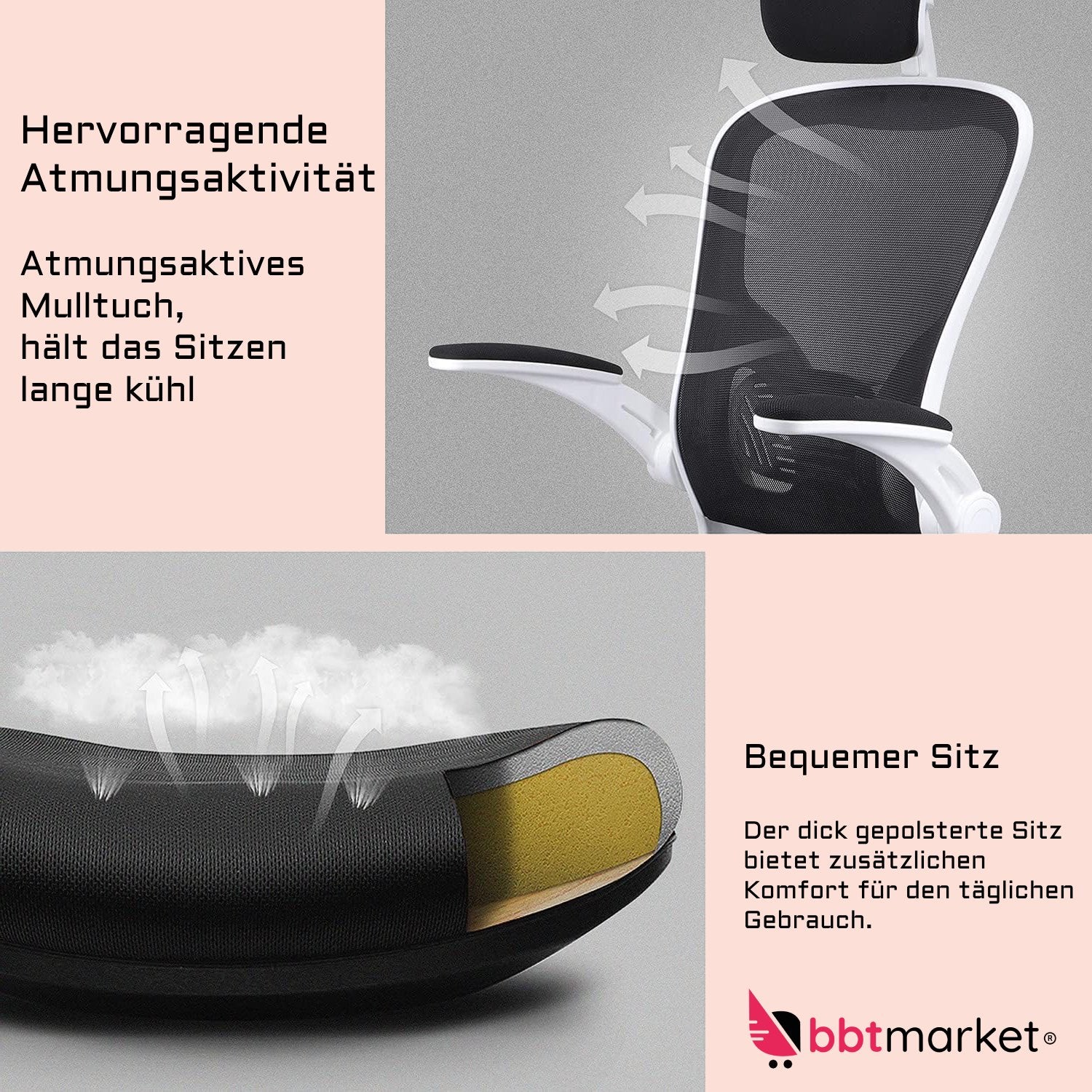 Ergonomisch Bürostuhl mit Verstellbarer Kopfstütze Bis zu 150KG Belastbar (Weiß)