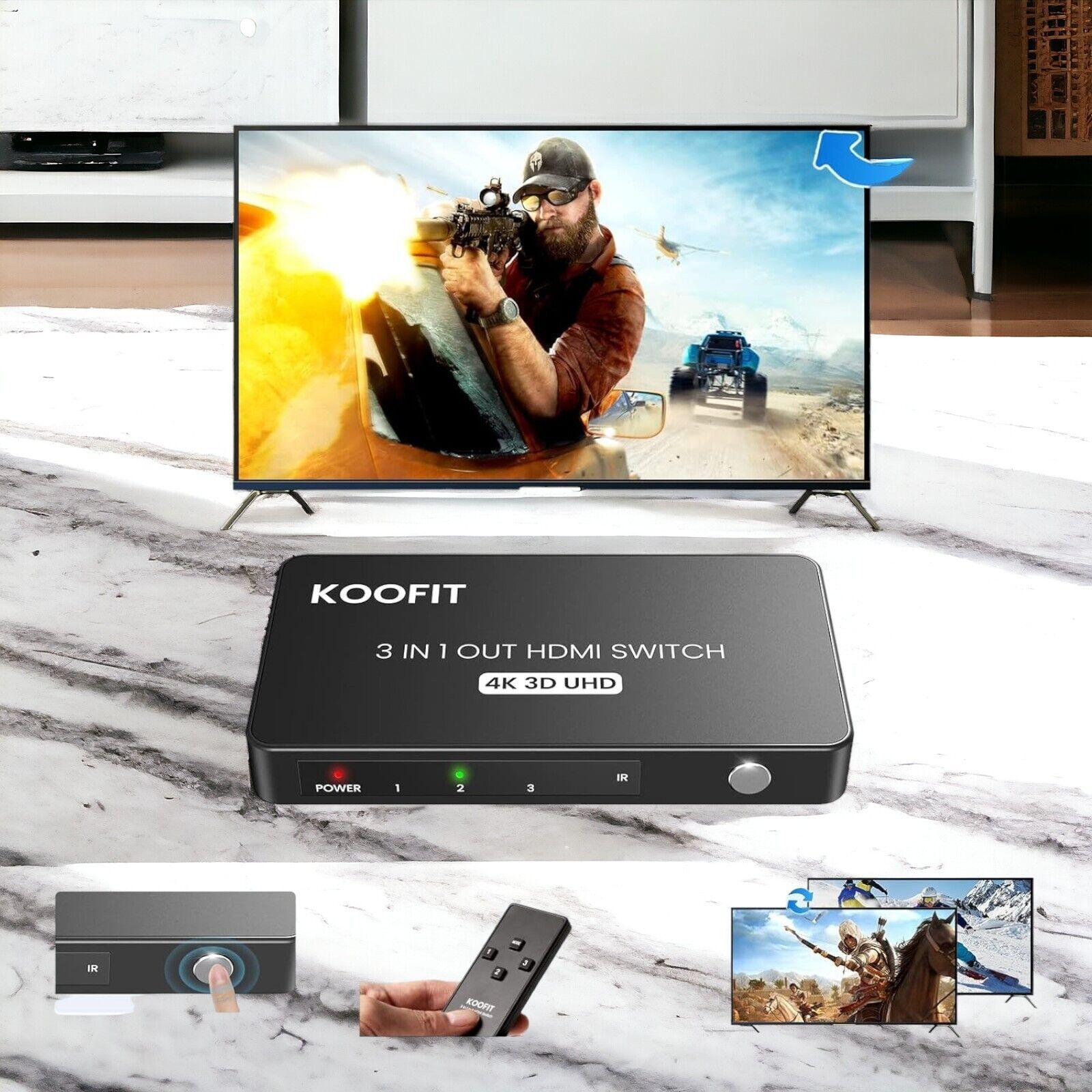 HDMI Splitter 1 in 4 out Umschalter Verteiler Switch Adapter Full HD 4K 1080P 3D