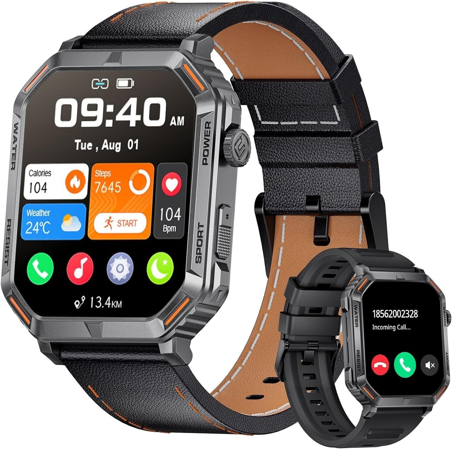 Smartwatch Men with Phone Function, 1.96'' DIY HD Outdoor Smartwatch Military, 120+ Sport Mode IP68 Waterproof Fitness Watch Men with Blood Pressure Measurement Android Ios, Leather