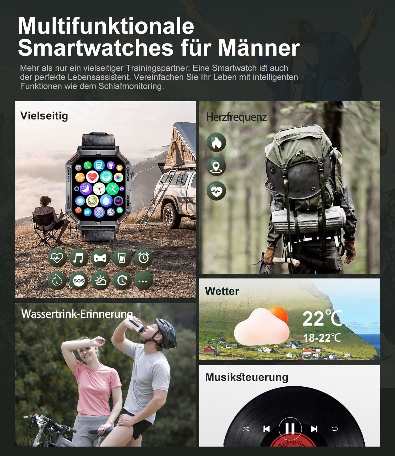 Smartwatch Herren mit Telefonfunktion,1.96'' DIY HD Outdoor Smartwatch Militär,120+ Sportmod IP68 Wasserdicht Fitnessuhr Herren mit Blutdruckmessung Android Ios,Leder