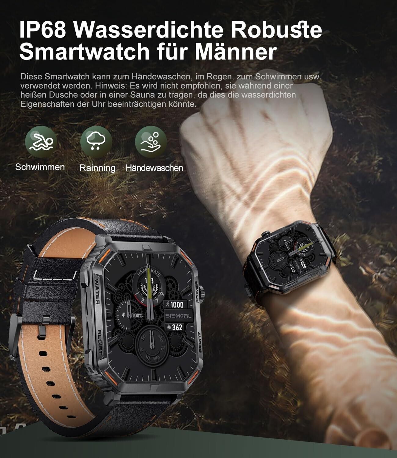 Smartwatch Herren mit Telefonfunktion,1.96'' DIY HD Outdoor Smartwatch Militär,120+ Sportmod IP68 Wasserdicht Fitnessuhr Herren mit Blutdruckmessung Android Ios,Leder