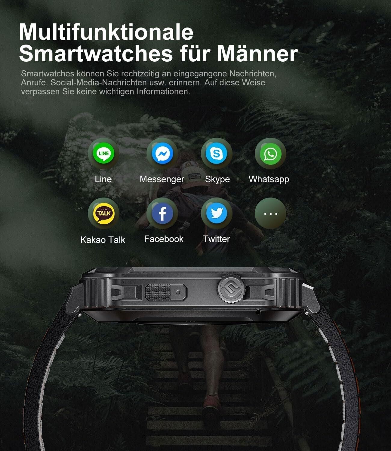 Smartwatch Herren mit Telefonfunktion,1.96'' DIY HD Outdoor Smartwatch Militär,120+ Sportmod IP68 Wasserdicht Fitnessuhr Herren mit Blutdruckmessung Android Ios,Leder