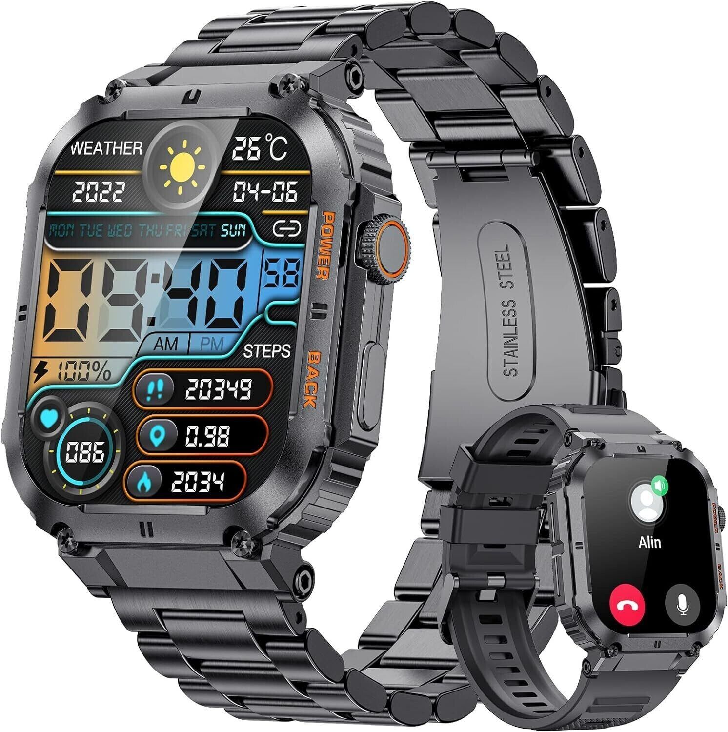Smartwatch Men Military with Phone Function, 1.96'' HD Touchscreen, 100+ Sp