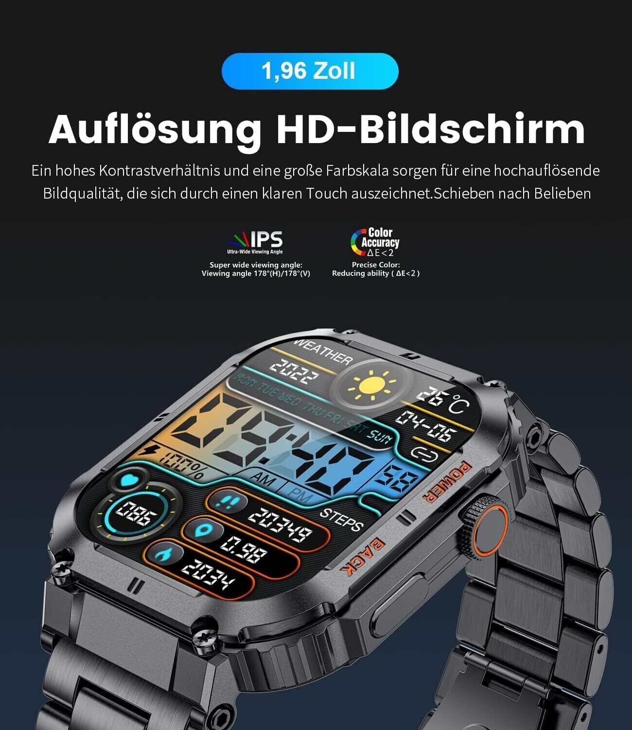 Smartwatch Men Military with Phone Function, 1.96'' HD Touchscreen, 100+ Sp