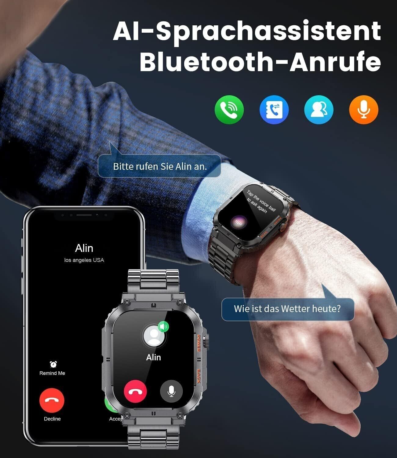 Smartwatch Men Military with Phone Function, 1.96'' HD Touchscreen, 100+ Sp