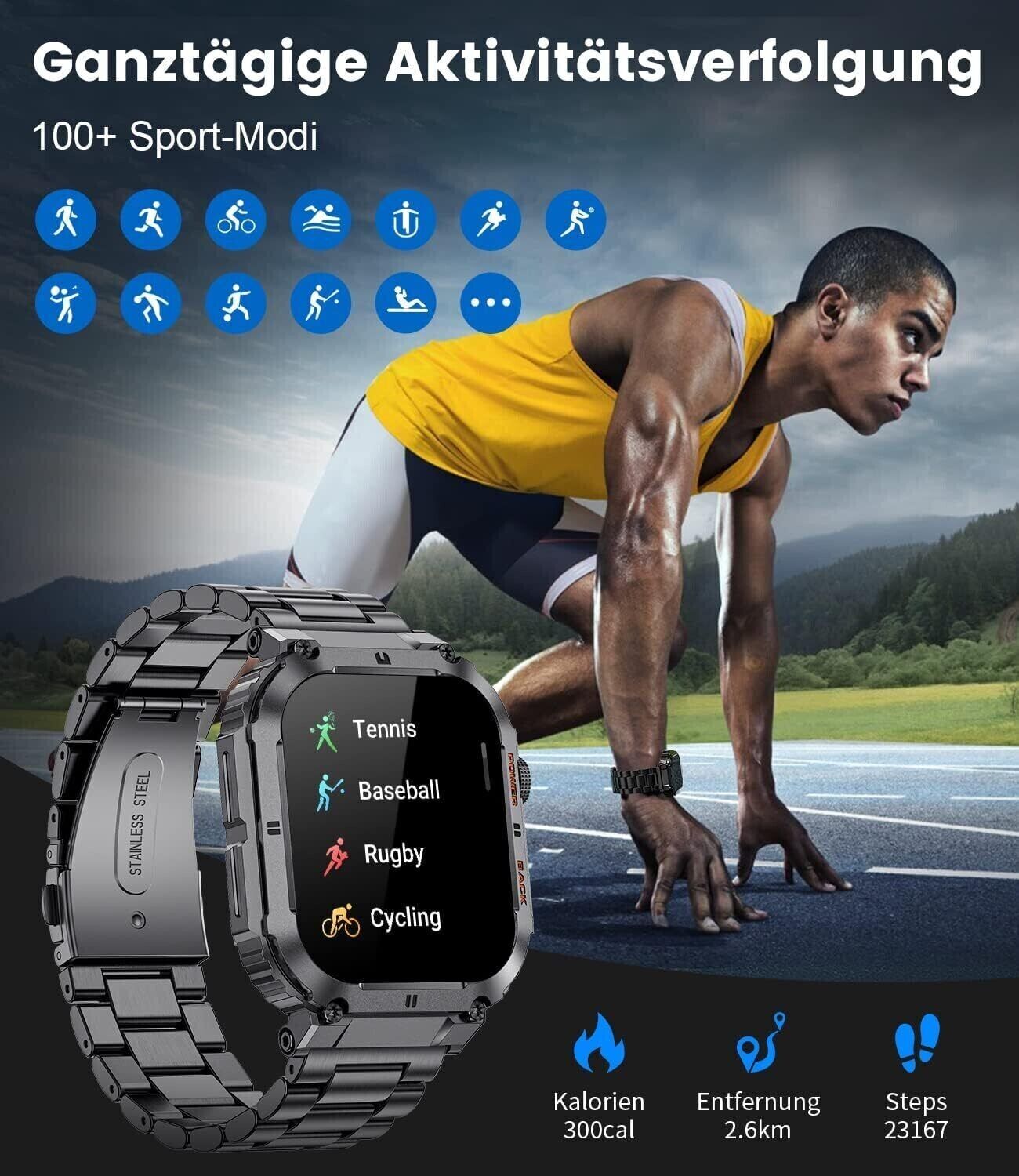 Smartwatch Men Military with Phone Function, 1.96'' HD Touchscreen, 100+ Sp