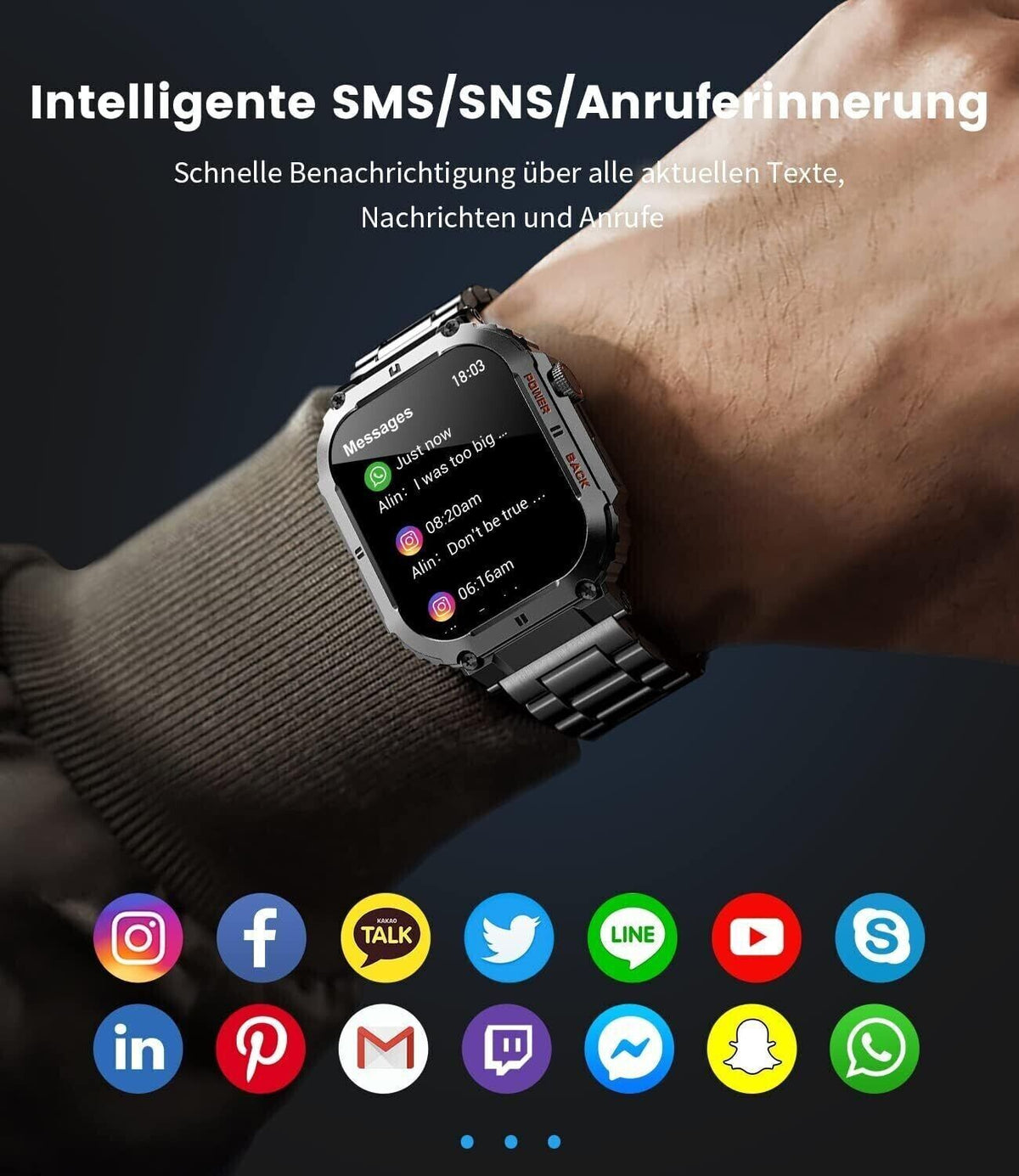 Smartwatch Herren Militärische Mit Telefonfunktion 500 MAh Langer Batterielaufzeit AMOLED Display Schrittzähler Ap 3 Armband Schwarz Metall Silikon Leder