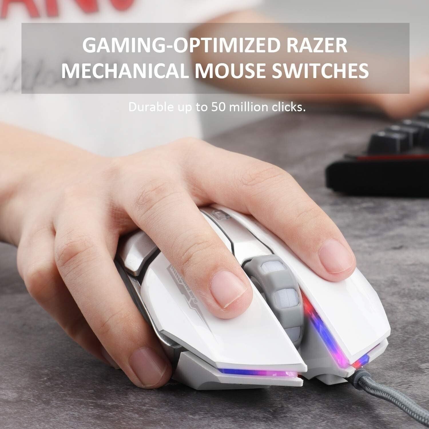 USB gaming mouse with 6 programmable buttons, 4 adjustable DPI levels, LED lights