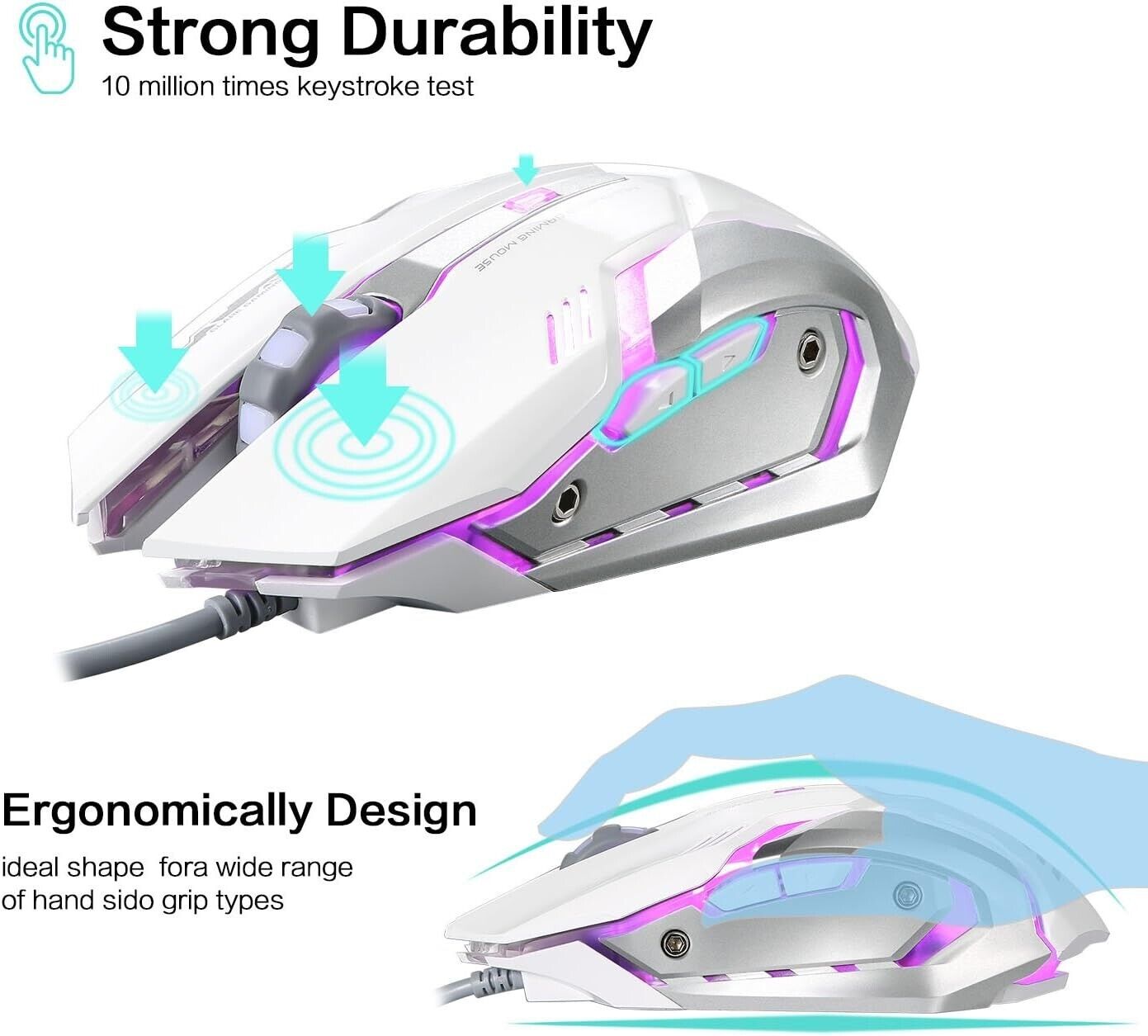 USB gaming mouse with 6 programmable buttons, 4 adjustable DPI levels, LED lights