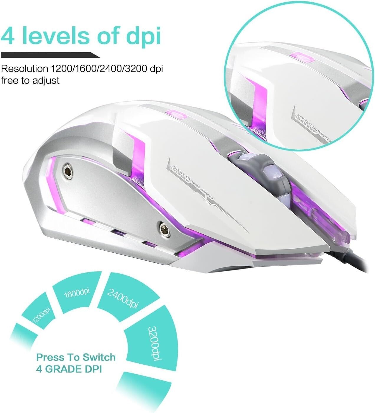 USB gaming mouse with 6 programmable buttons, 4 adjustable DPI levels, LED lights