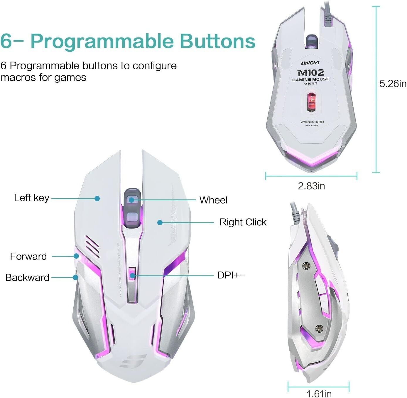 USB gaming mouse with 6 programmable buttons, 4 adjustable DPI levels, LED lights