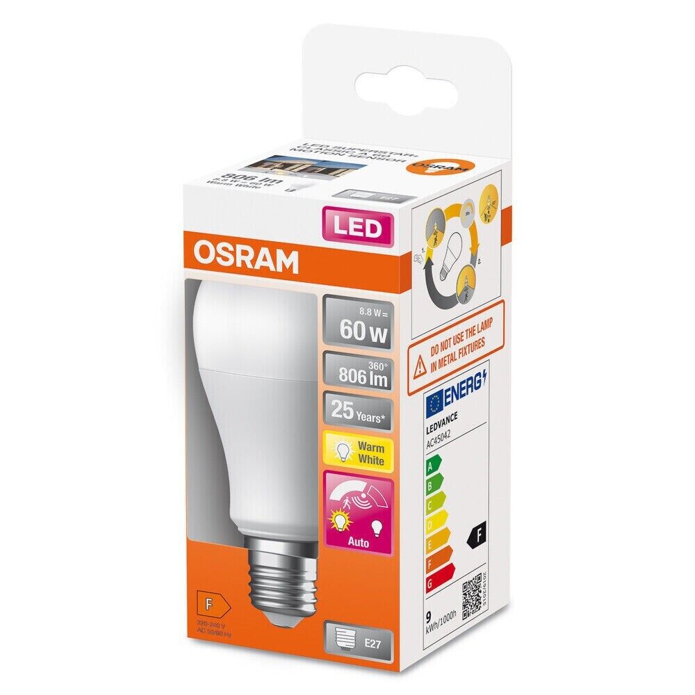 Motion sensor, automatic switch-off, LED lamp, E27 socket, bulb shape, 8.8W, 806L