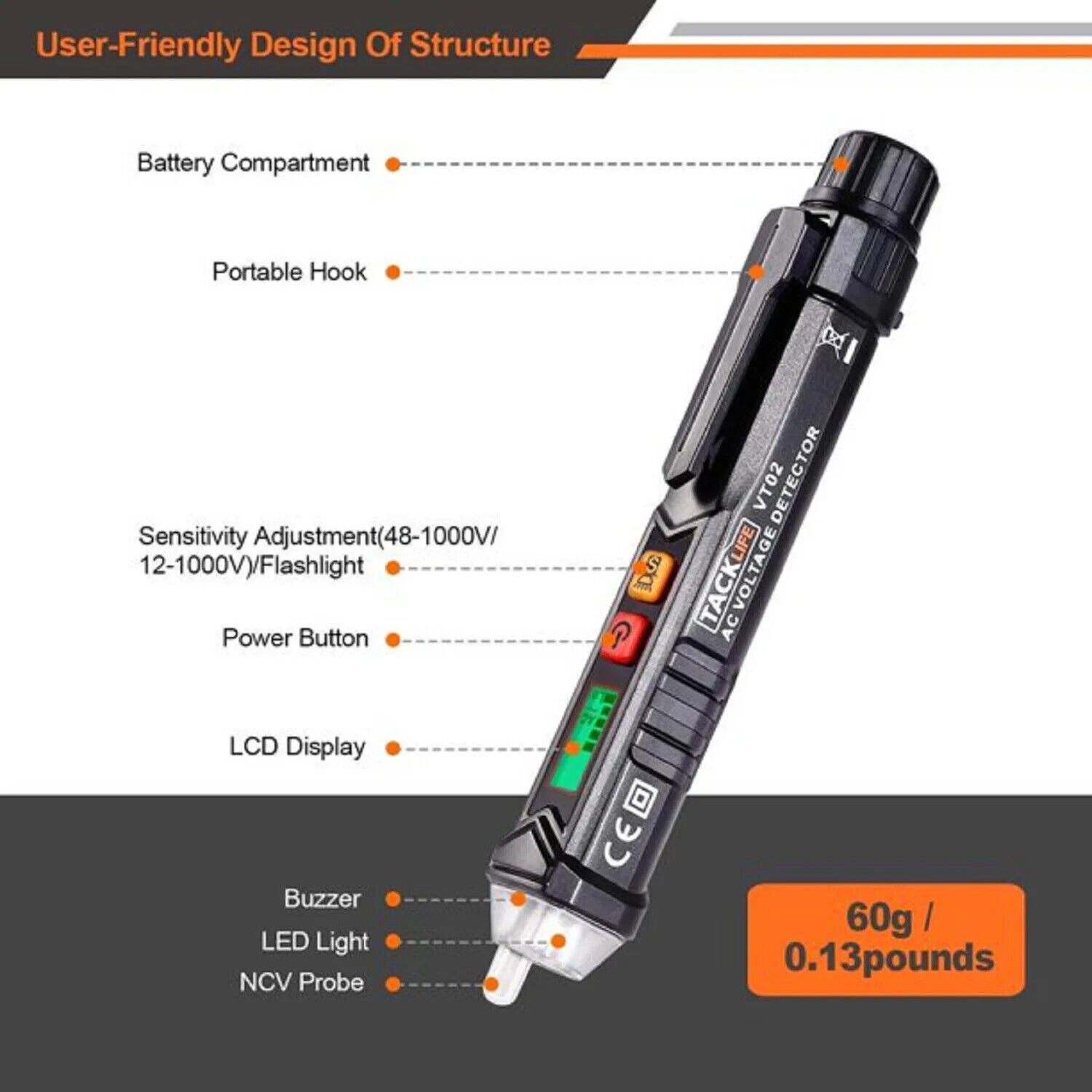 TACKLIFE VT02 Laser & Nivelliergeräte Berührungsloser Wechselspannungsprüfer