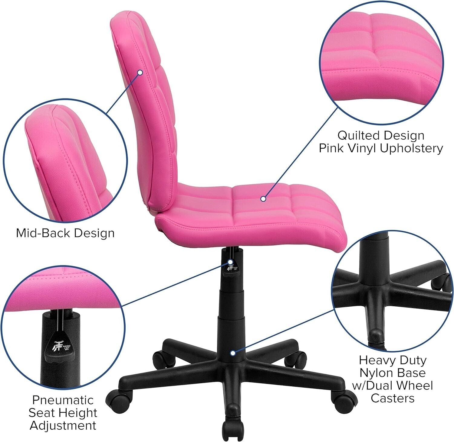 Pink Schreibtischstuhl ergonomisch – Drehbar & höhenverstellbar, Vinyl Bürostuhl 113kg