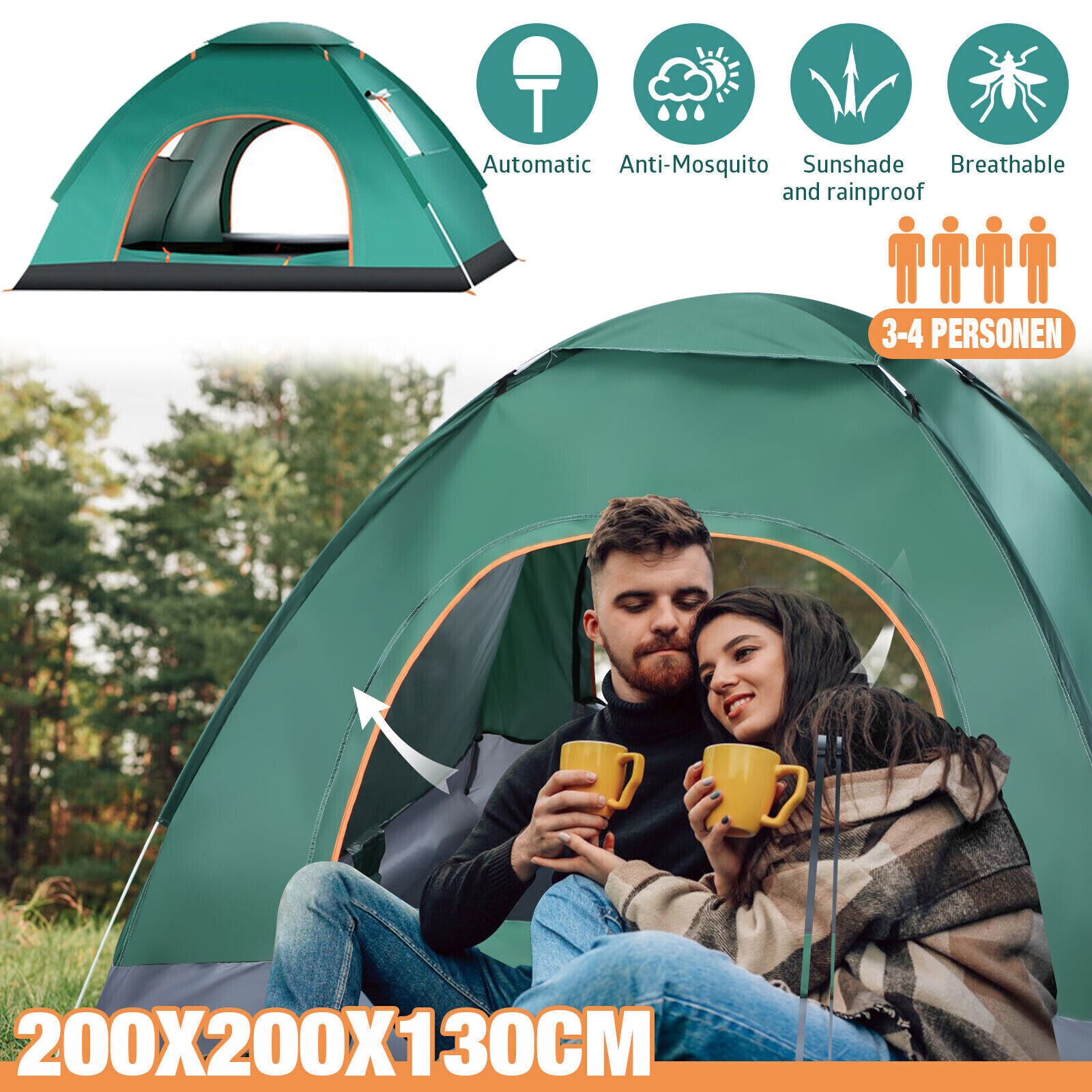 familienzelt wasserdicht 3-4 Personen Pop-Up Zelt Wurfzelt Camping Wasserdicht Trekkingzelt Fam