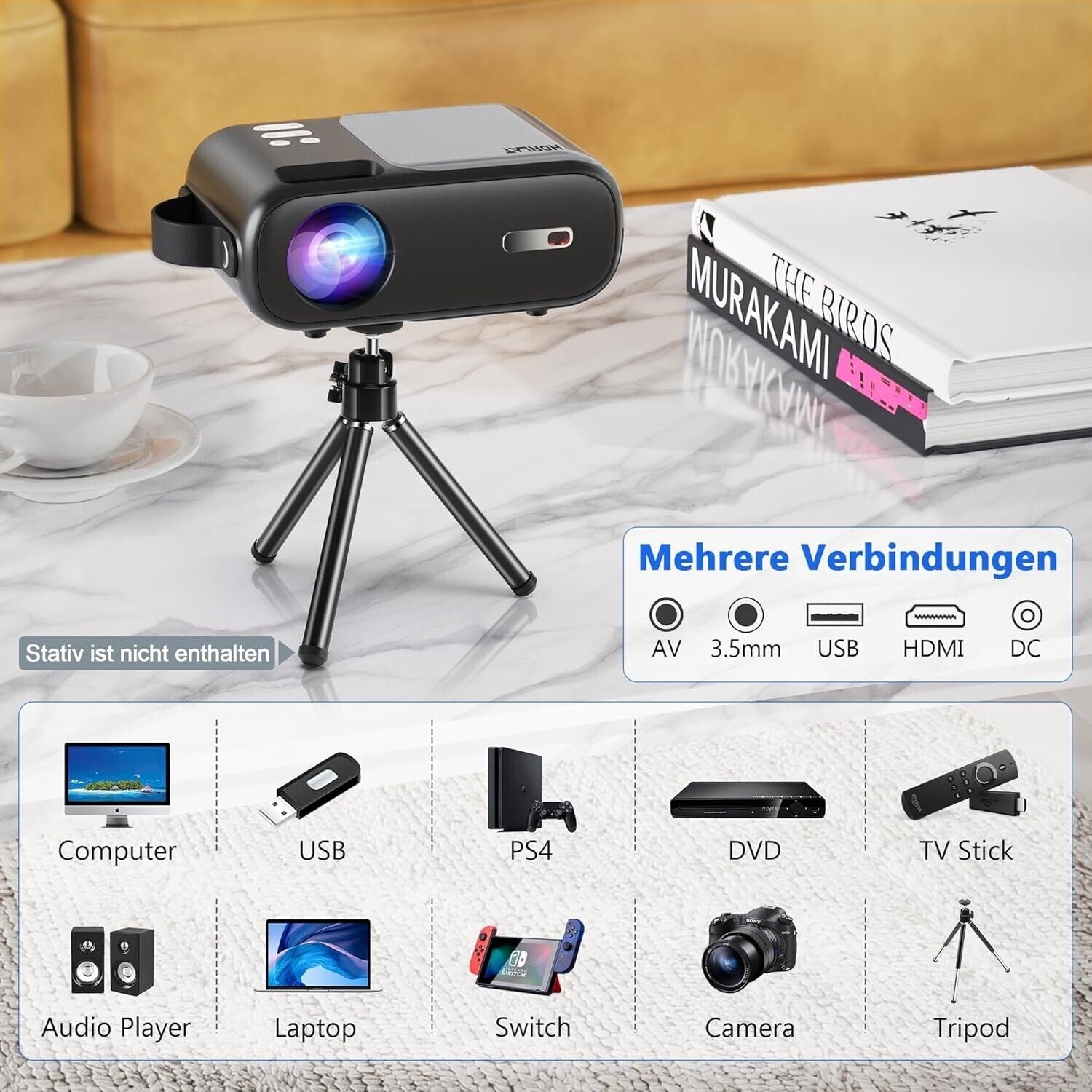 Mini Beamer Tragbar 5G WiFi Bluetooth Full HD 1080P Projektor Grau Schwarz - NEU