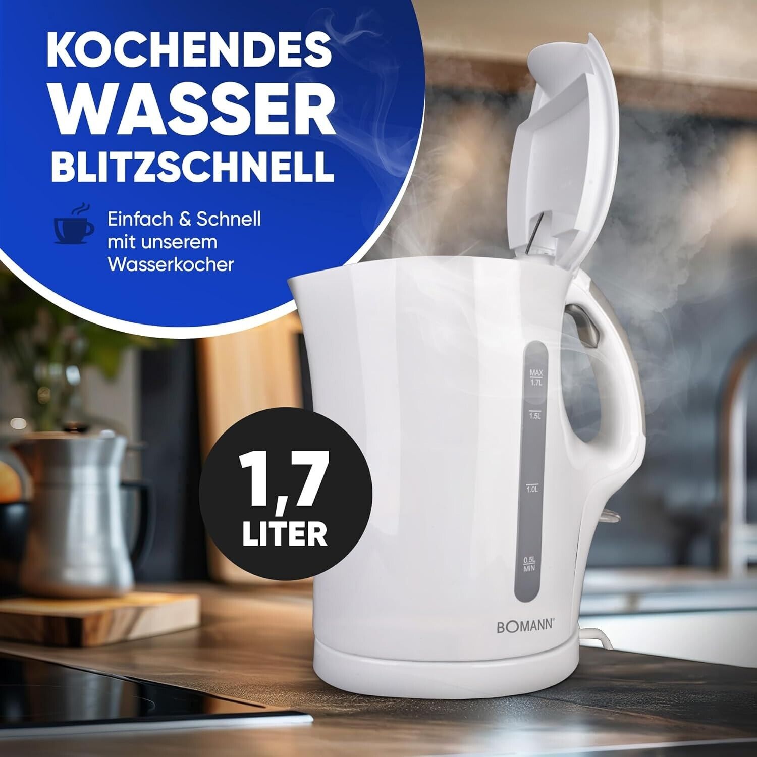 Bomann Wasserkocher Kettle Wasserkocher 1,7 L mit automatischer & max. 2200Watt