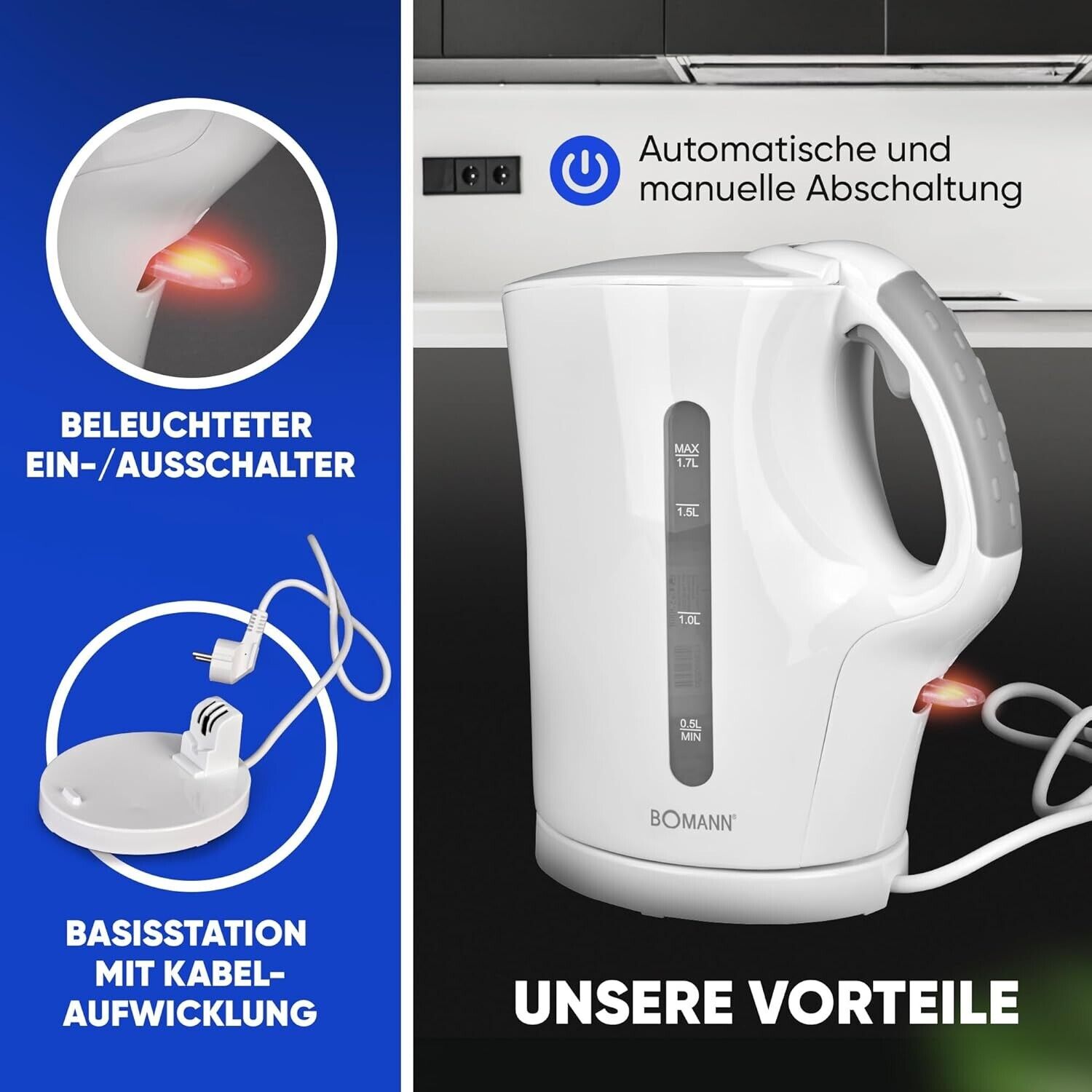 Bomann Wasserkocher Kettle Wasserkocher 1,7 L mit automatischer & max. 2200Watt