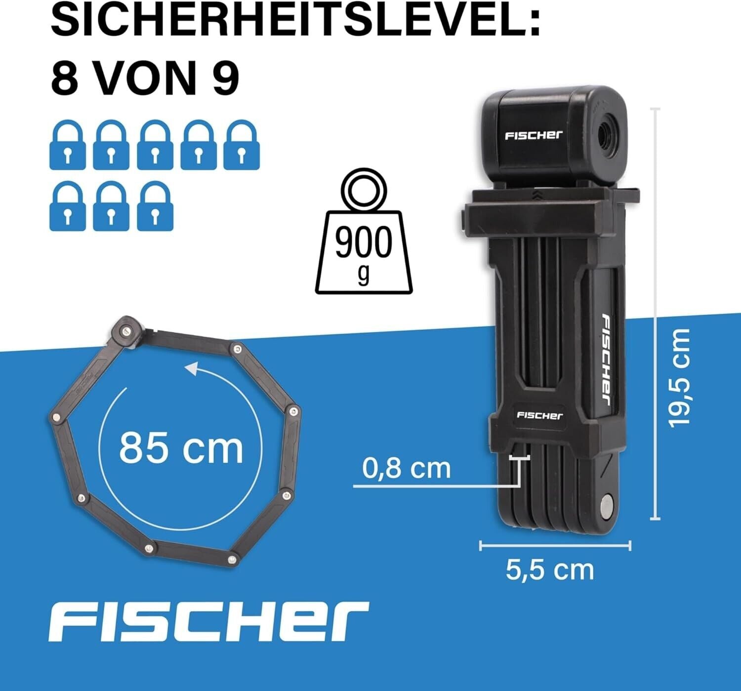 FISCHER Faltschloss mit Halterung Länge 85 cm Fahrradschloss Schlüssel schwarz