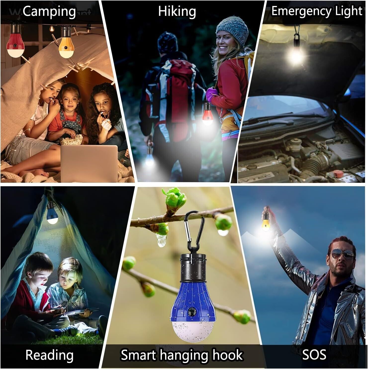 5x LED Campinglampe mit Clip–4 Modi Zeltlampe Batteriebetrieben–Outdoor Notlicht