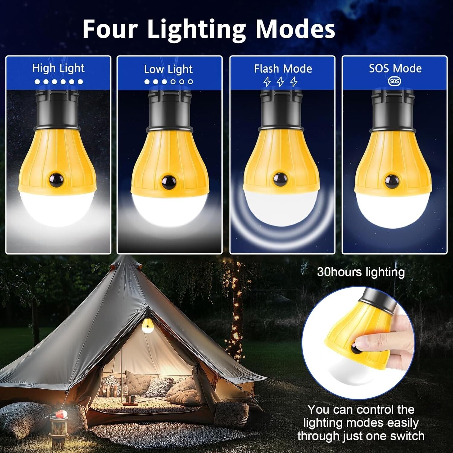 5x LED Campinglampe mit Clip–4 Modi Zeltlampe Batteriebetrieben–Outdoor Notlicht