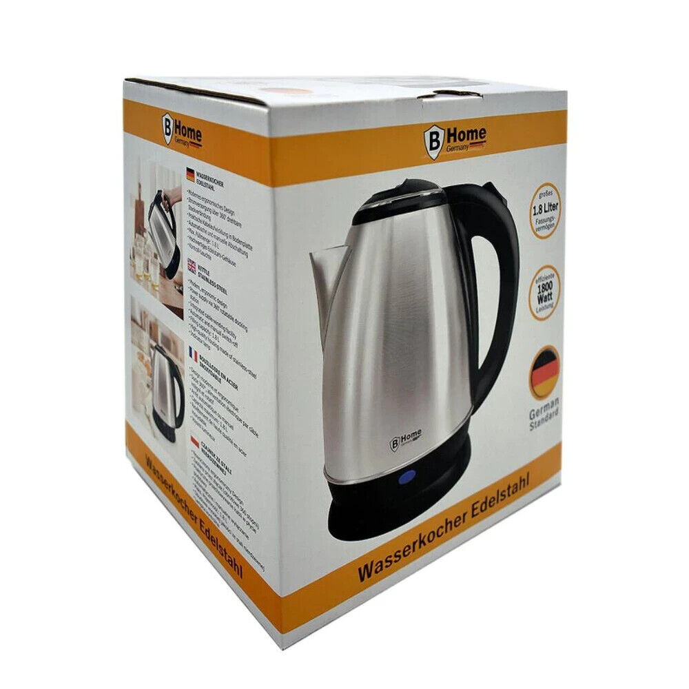 Edelstahl Wasserkocher 1,8L  1500W  kabellos  Abschaltautomatik Schwarz/Silber