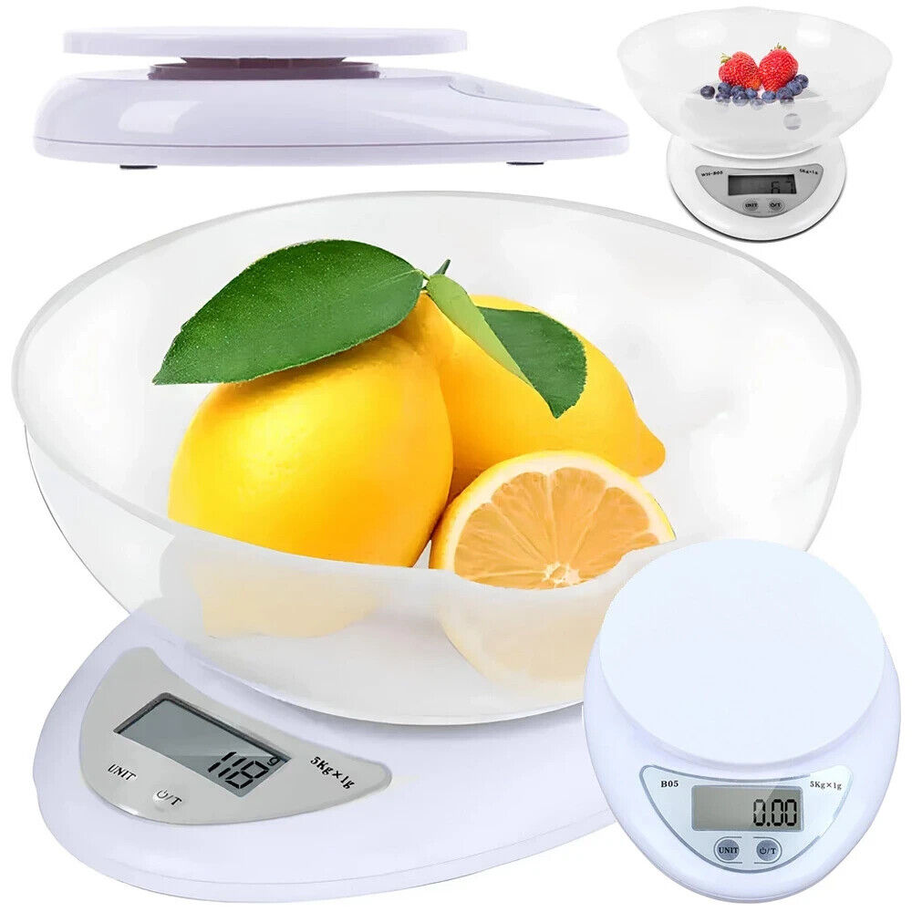 Digitale Küchenwaage mit Schüssel  5 kg LCD Waage  TARA  Messbecher  Weiß  ✅✅✅