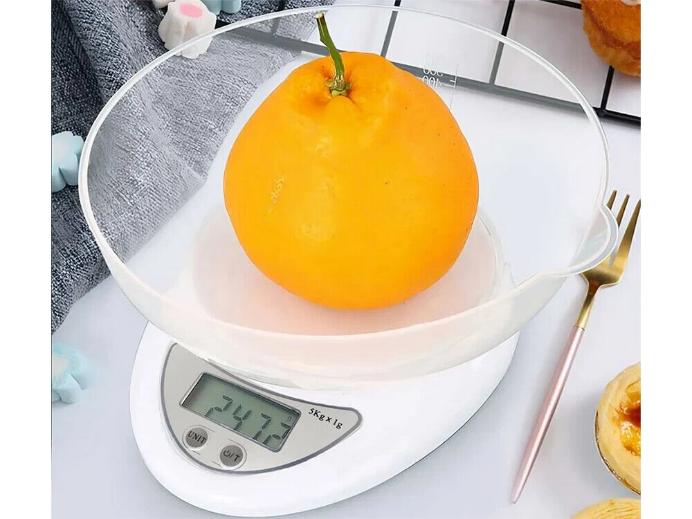 Digitale Küchenwaage mit Schüssel  5 kg LCD Waage  TARA  Messbecher  Weiß  ✅✅✅