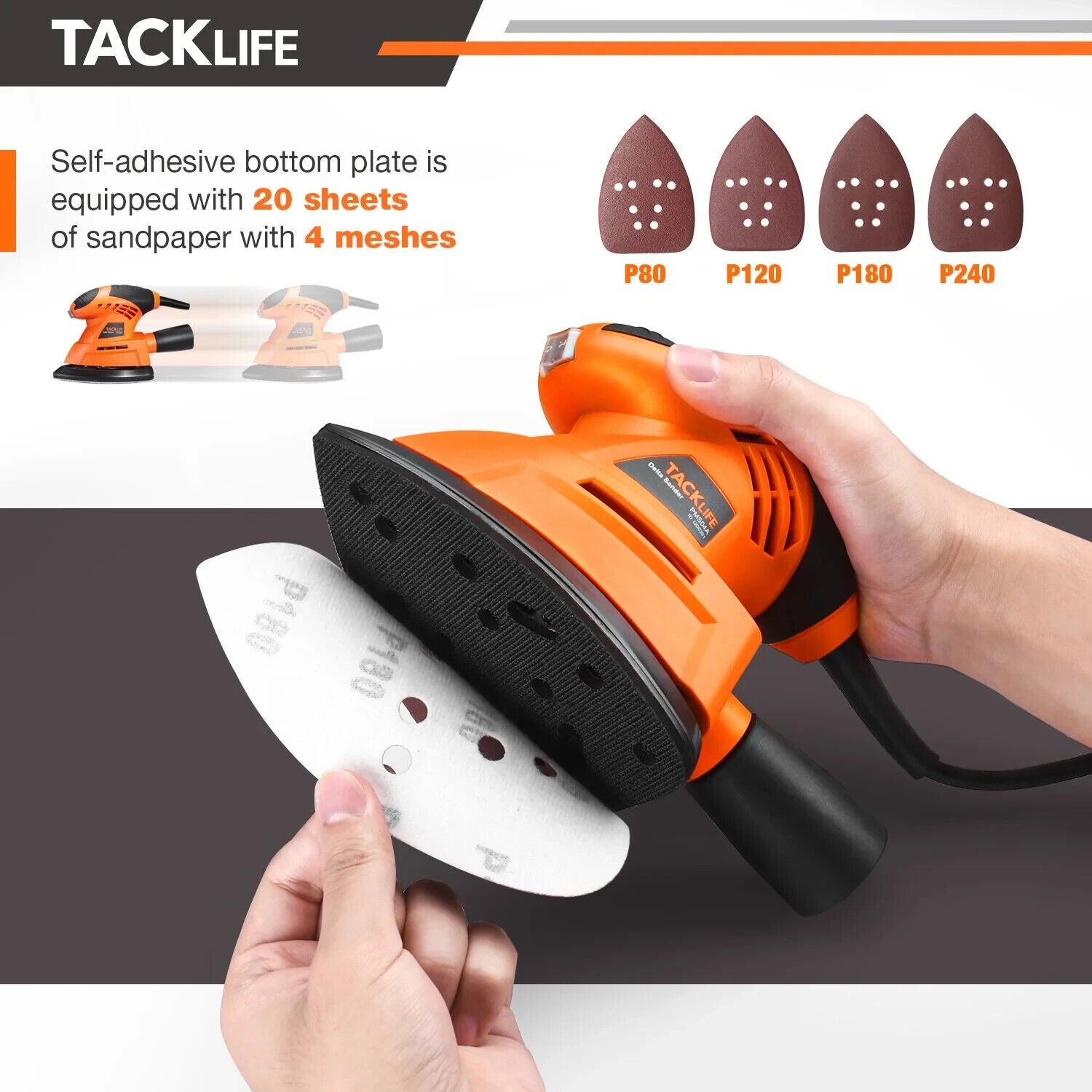 Tacklife Mouse Detail Sander mit Schleifpad 20Stücke Schleifpapier 360° 12000OPM