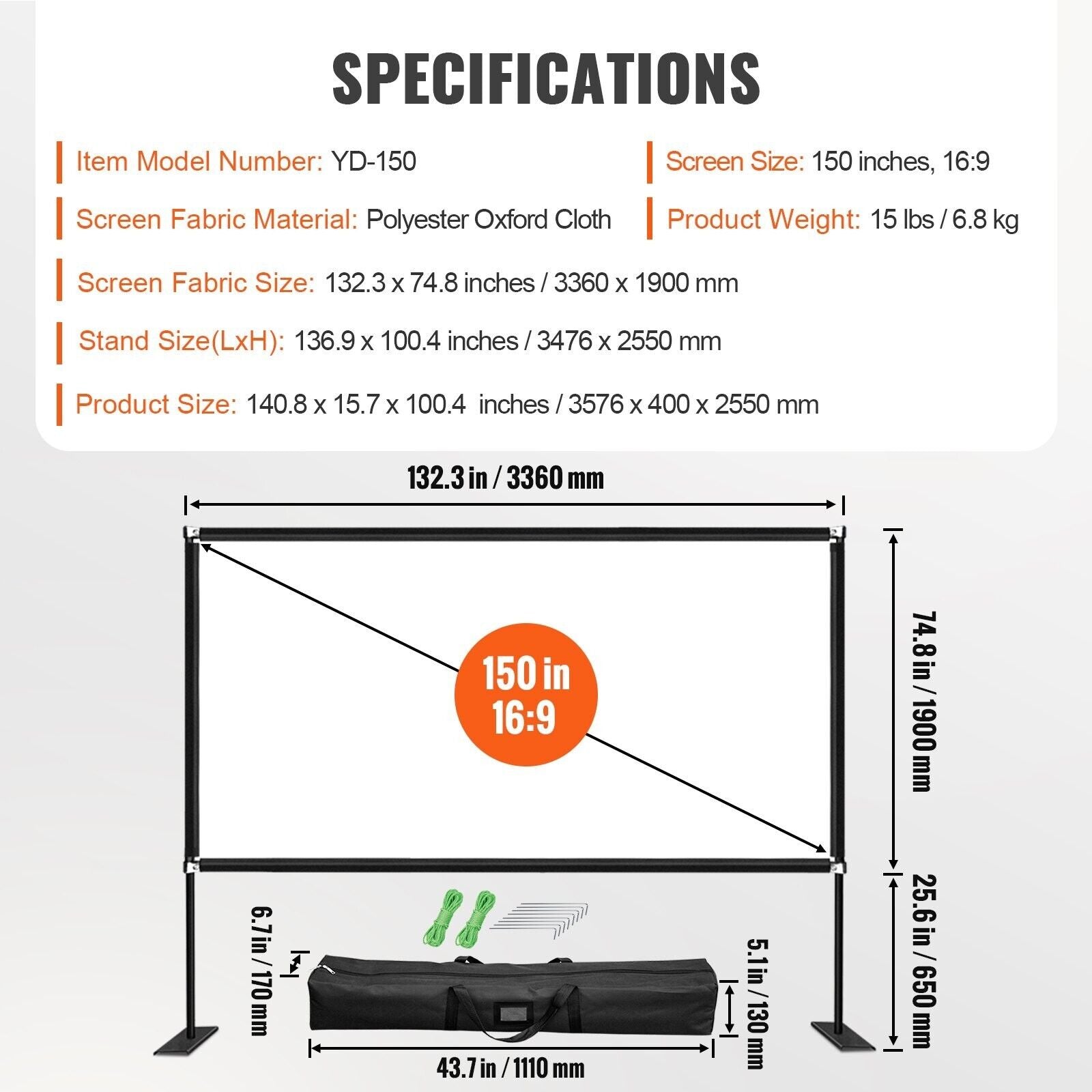 Beamer Leinwand Tragbare Filmleinwand 16:9 Ständer 347x201,9 cm HD 4K, 150 Zoll