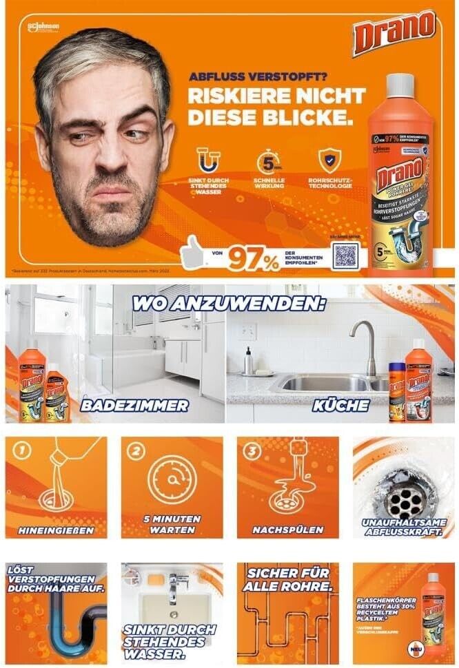 Drano Power Gel Rohrfrei Abflussreiniger Rohrreiniger Küche Bad (1-3er) Pack