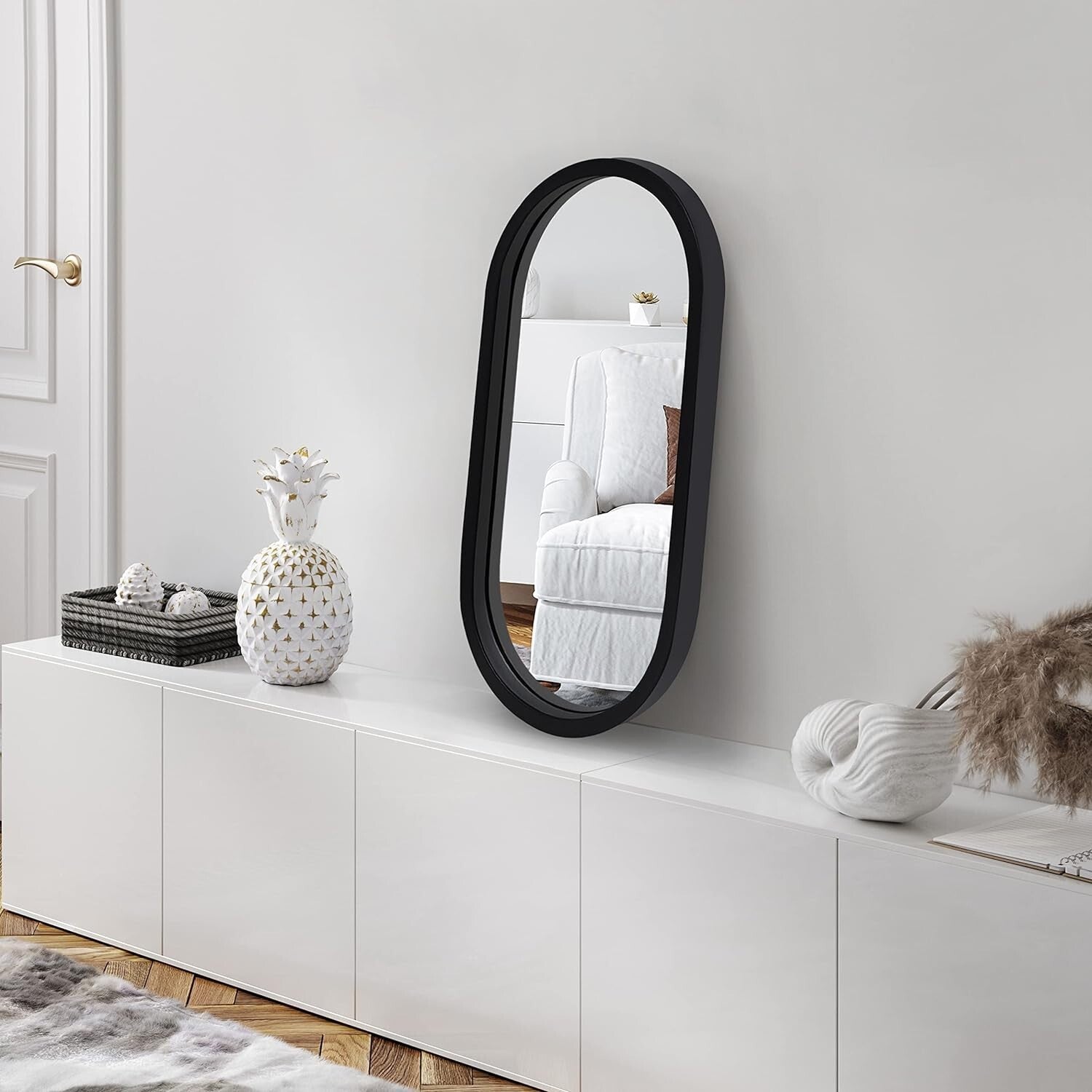 Oval Wandspiegel 31x61 cm Schwarz Badspiegel Wohnzimmer Spiegel Modern