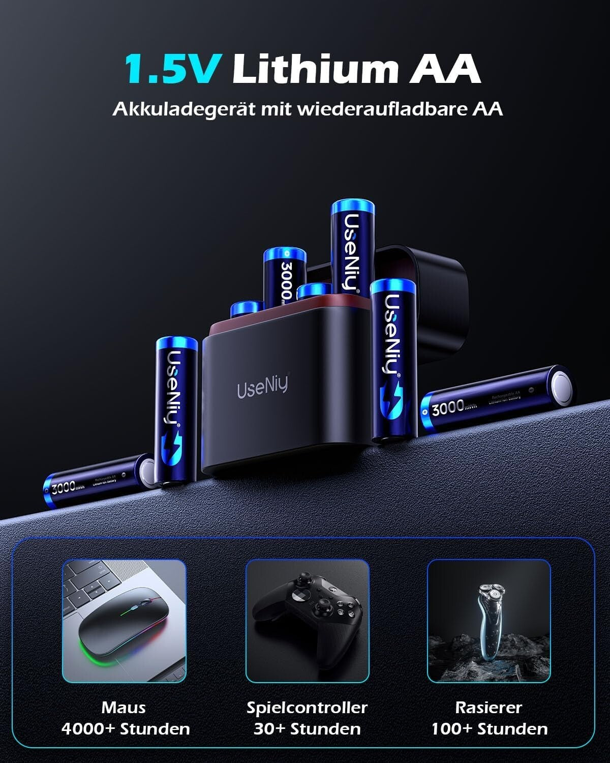 4x AA Lithium Akku 1.5V 3000mWh inkl. Ladegerät & Box – Wiederaufladbar  🔋 🔄