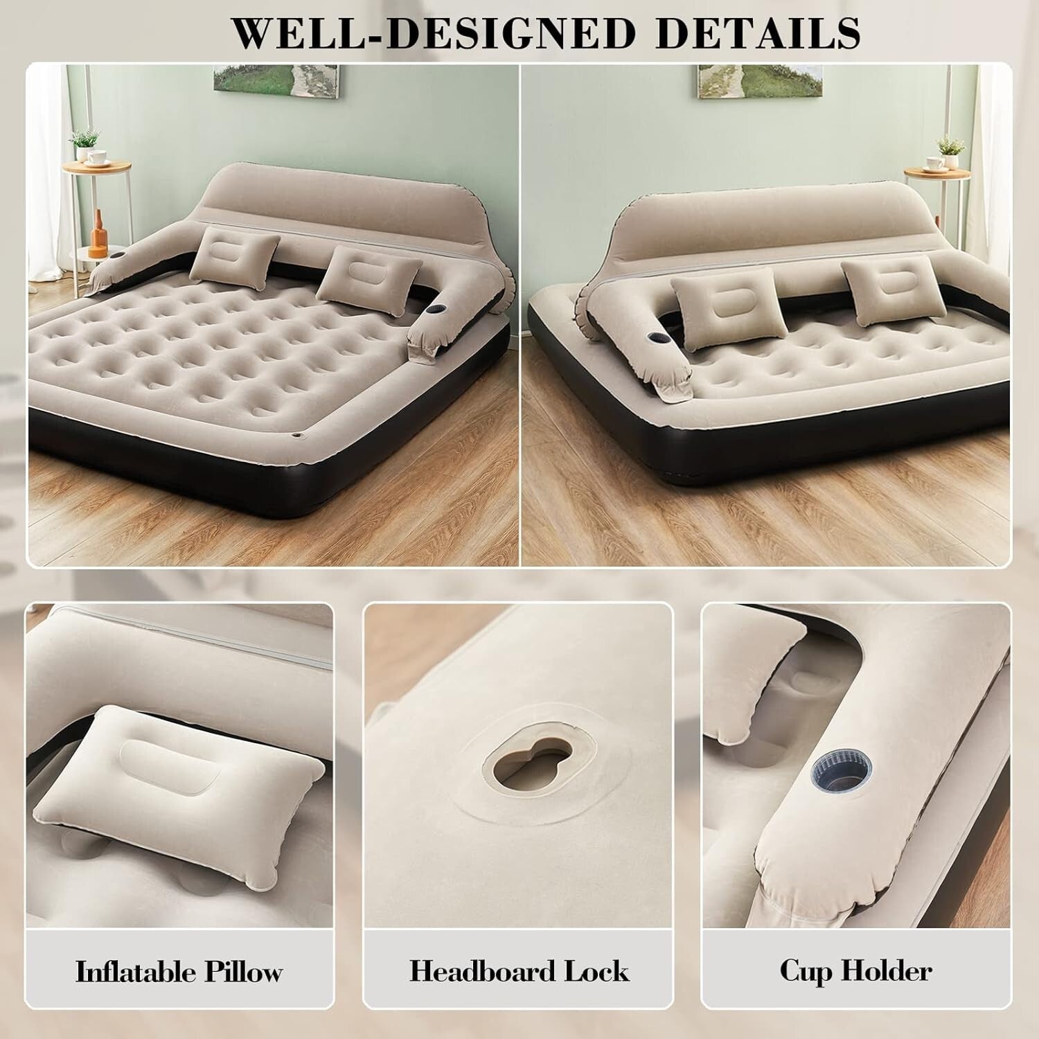 Aufblasbares Bett 203x183x72cm mit Rückenlehne & Kissen Luftmatratze Sofa 2in1