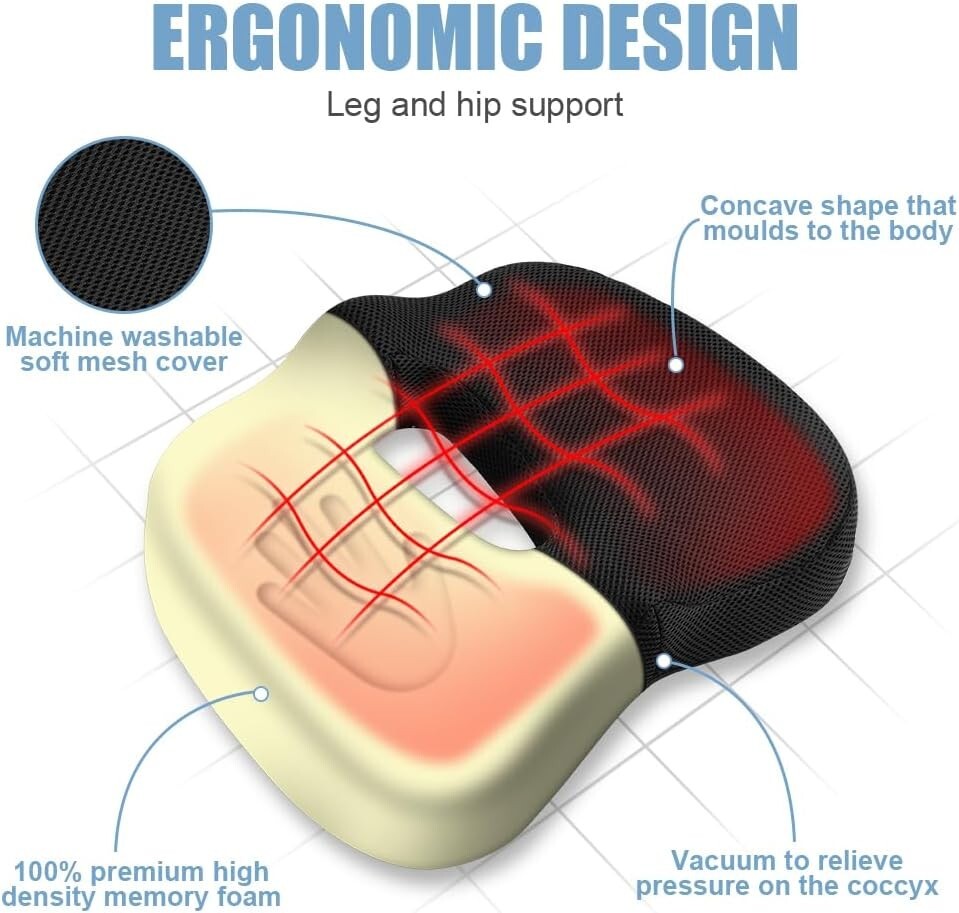 Orthopädisches Sitzkissen Memory Foam für Bürostuhl & Gamingstuhl, Ergonomisch