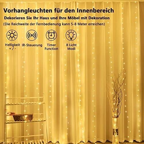 LED Lichtervorhang 3x2m Warmweiß mit Timer & Fernbedienung für Außen & Innen