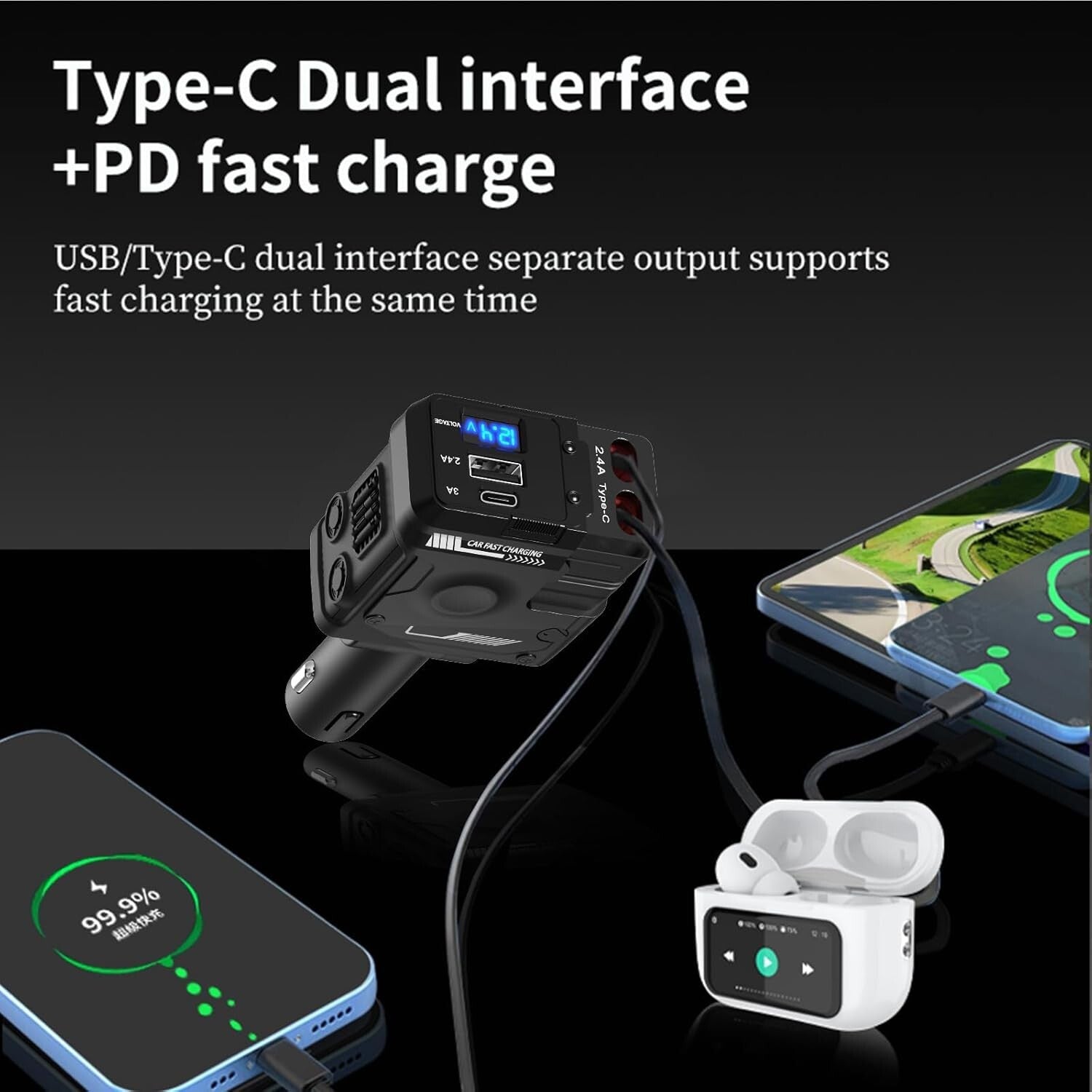 Auto Ladegerät 4in1 60W Schnellladung Typ-C USB PD Kfz Adapter für Smartphones