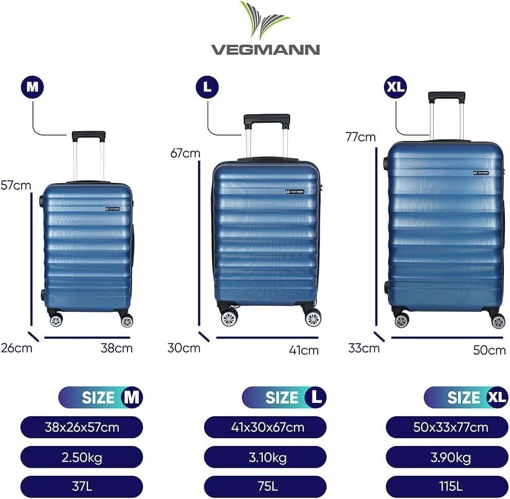 3-teiliges Kofferset aus Hartschale – Reisekoffer M/L/XL mit 4 Rollen & Zahlenschloss – ABS Trolley in Blau für Flugreisen & Urlaub