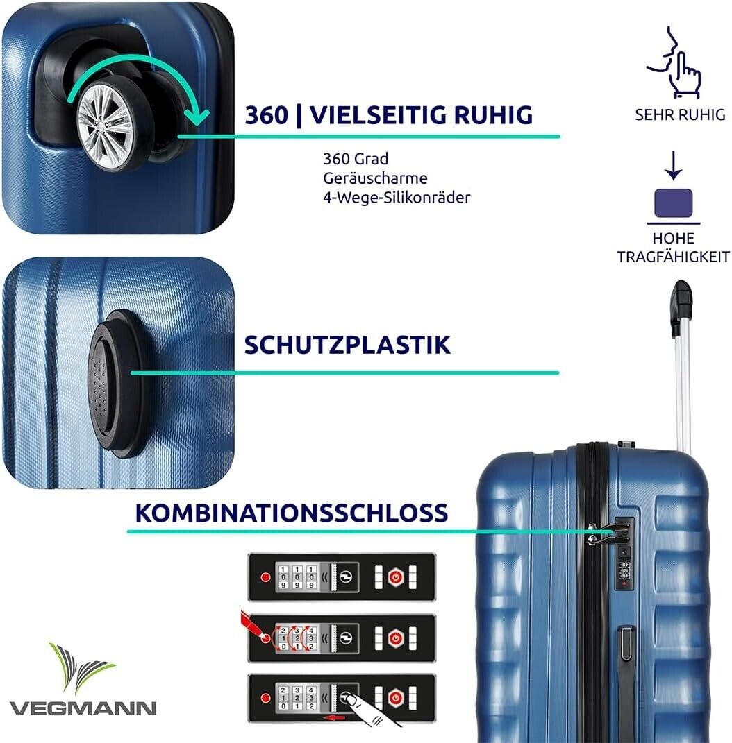 3-teiliges Kofferset aus Hartschale – Reisekoffer M/L/XL mit 4 Rollen & Zahlenschloss – ABS Trolley in Blau für Flugreisen & Urlaub