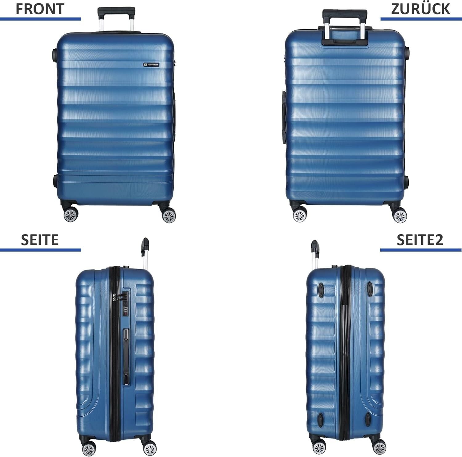 3-teiliges Kofferset aus Hartschale – Reisekoffer M/L/XL mit 4 Rollen & Zahlenschloss – ABS Trolley in Blau für Flugreisen & Urlaub