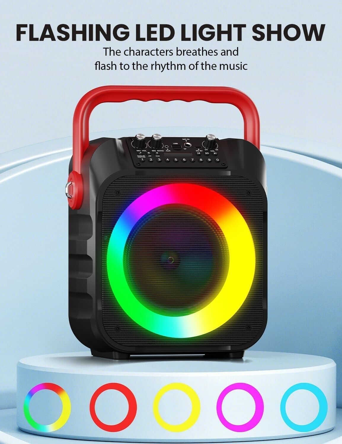 Tragbare Karaoke Maschine mit 2 Kabellosen Mikrofonen & LED – Bluetooth Lautsprecher Rot