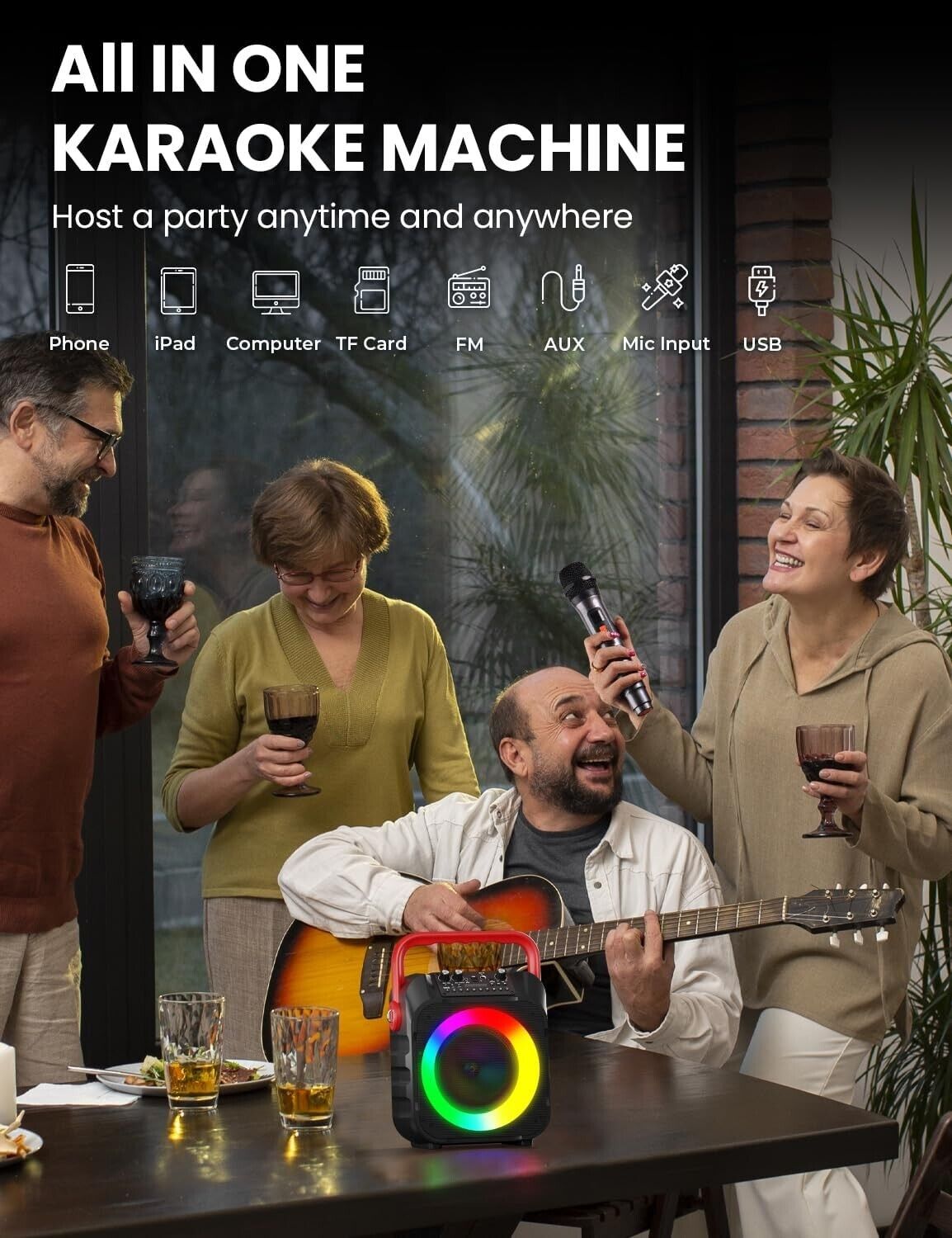 Tragbare Karaoke Maschine mit 2 Kabellosen Mikrofonen & LED – Bluetooth Lautsprecher Rot