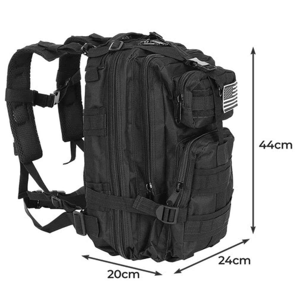 Schwarzer Touristenrucksack 26L – MOLLE System, Wasserdicht & Leicht 🎒