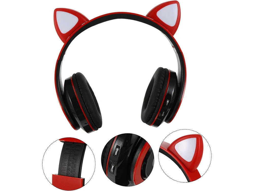 Bluetooth Kopfhörer mit LED Katzenohren FM MP3 MicroSD – Rot, Wireless