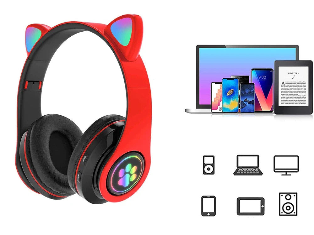Bluetooth Kopfhörer mit LED Katzenohren FM MP3 MicroSD – Rot, Wireless
