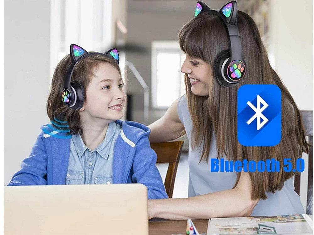 Bluetooth Kopfhörer mit LED Katzenohren FM MP3 MicroSD – Rot, Wireless