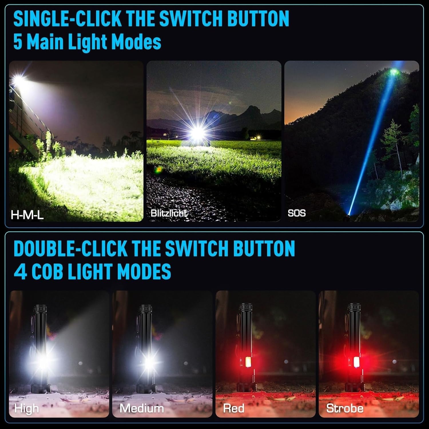 LED Taschenlampe 2000 Lumen – Super Hell, Aufladbar, 9 Modi, IPX7 Wasserdich🔦🔦