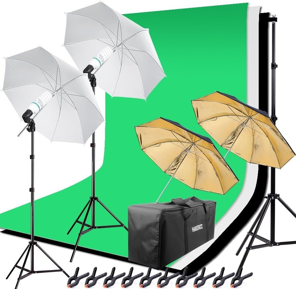 Fotostudio Set mit Greenscreen & Beleuchtung – 3 Hintergründe & 5 Lampenschirme
